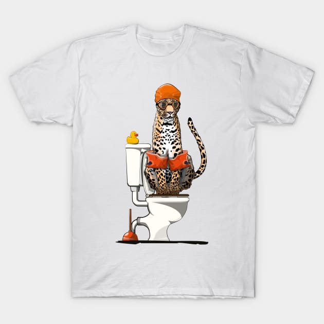 Leopard on the Toilet T-Shirt by InTheWashroom